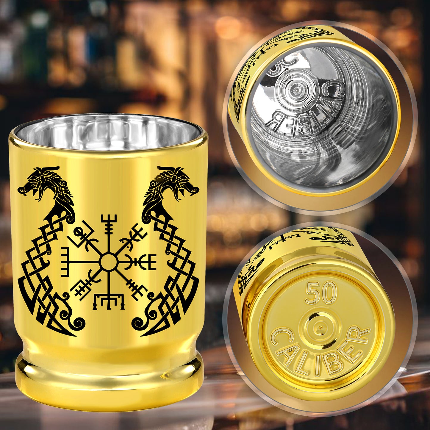 2pcs 50 Caliber Viking Totem Loong Boat Golden Plastic Wine Glasses With Gift Box - Leak Proof, Reusable - Fashionable Animal Print Design, Suitable For Whisky, Tequila, Etc