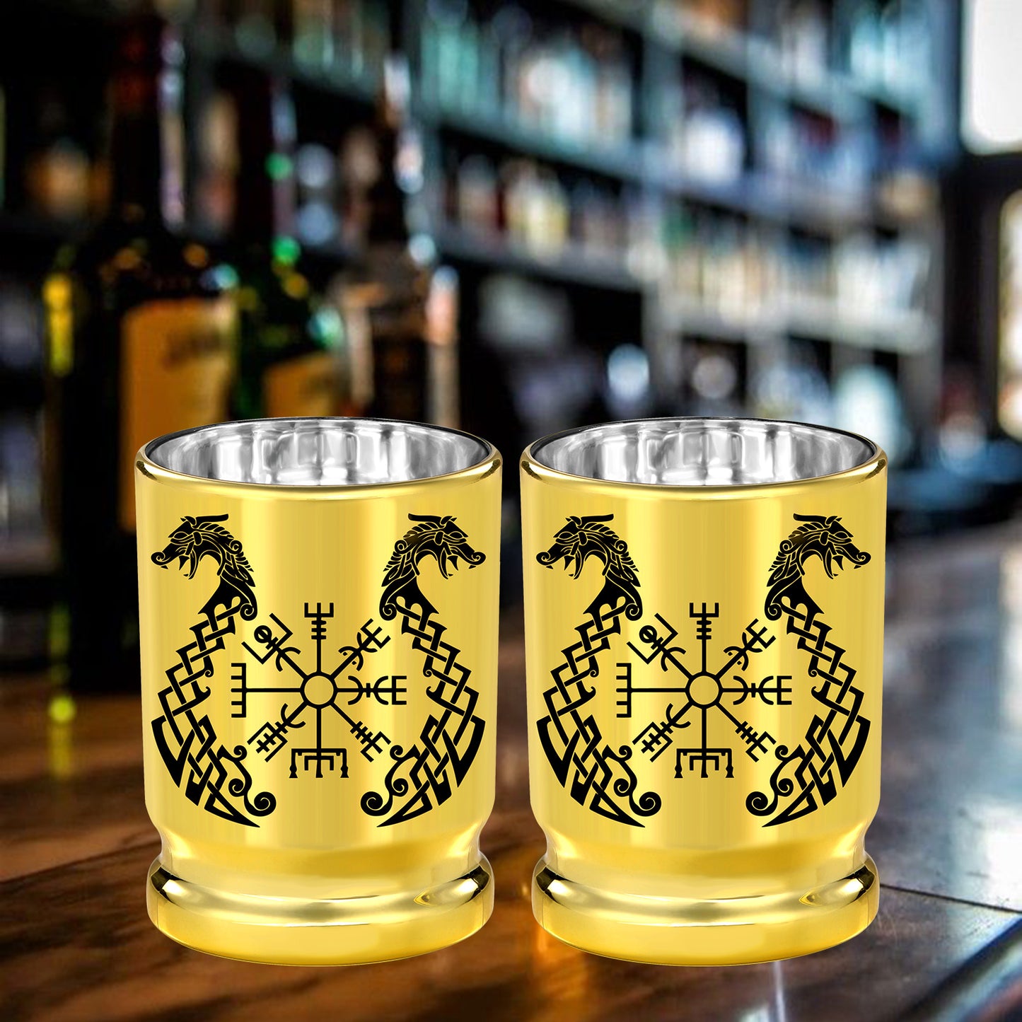 2pcs 50 Caliber Viking Totem Loong Boat Golden Plastic Wine Glasses With Gift Box - Leak Proof, Reusable - Fashionable Animal Print Design, Suitable For Whisky, Tequila, Etc