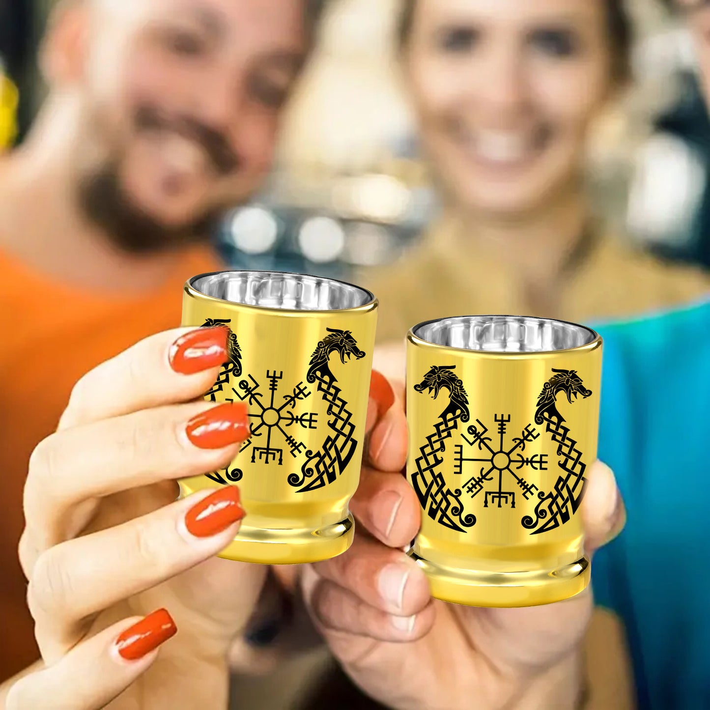 2pcs 50 Caliber Viking Totem Loong Boat Golden Plastic Wine Glasses With Gift Box - Leak Proof, Reusable - Fashionable Animal Print Design, Suitable For Whisky, Tequila, Etc