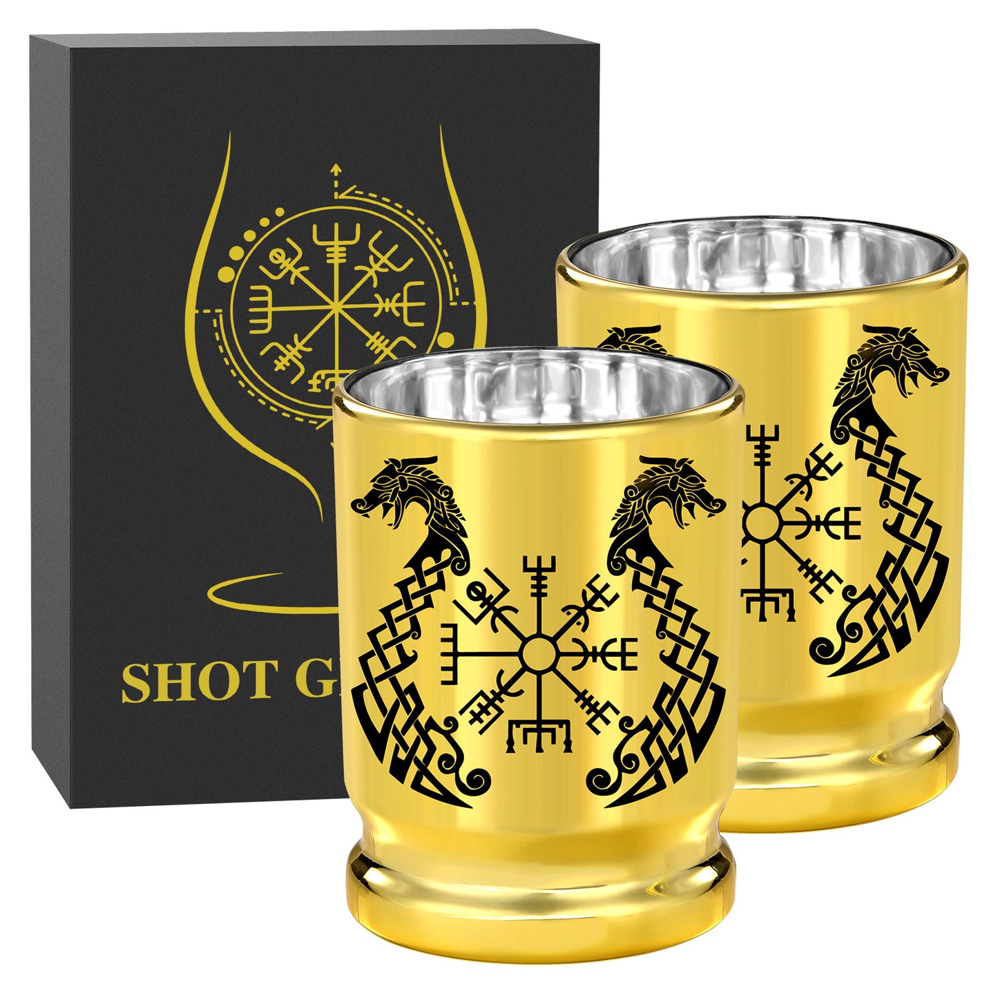 2pcs 50 Caliber Viking Totem Loong Boat Golden Plastic Wine Glasses With Gift Box - Leak Proof, Reusable - Fashionable Animal Print Design, Suitable For Whisky, Tequila, Etc