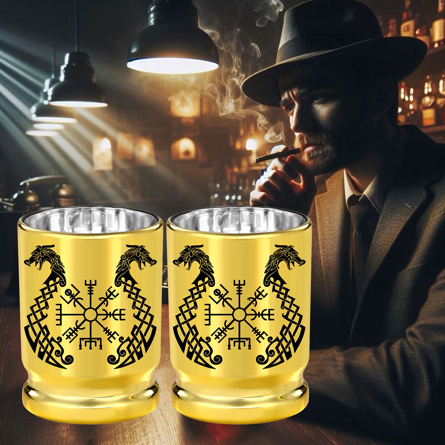 2pcs 50 Caliber Viking Totem Loong Boat Golden Plastic Wine Glasses With Gift Box - Leak Proof, Reusable - Fashionable Animal Print Design, Suitable For Whisky, Tequila, Etc