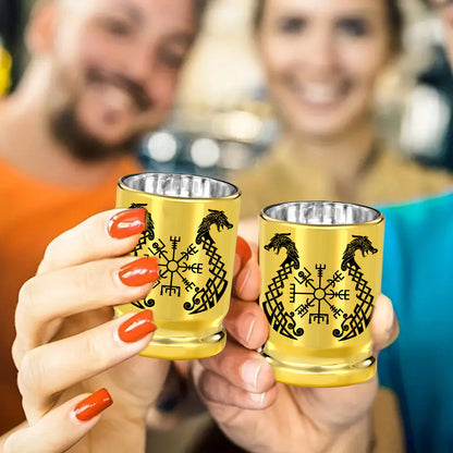 2pcs 50 Caliber Viking Totem Loong Boat Golden Plastic Wine Glasses With Gift Box - Leak Proof, Reusable - Fashionable Animal Print Design, Suitable For Whisky, Tequila, Etc