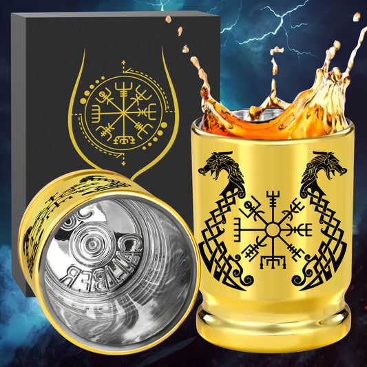 2pcs 50 Caliber Viking Totem Loong Boat Golden Plastic Wine Glasses With Gift Box - Leak Proof, Reusable - Fashionable Animal Print Design, Suitable For Whisky, Tequila, Etc