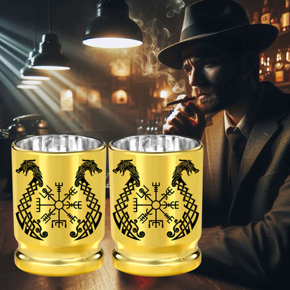 2pcs 50 Caliber Viking Totem Loong Boat Golden Plastic Wine Glasses With Gift Box - Leak Proof, Reusable - Fashionable Animal Print Design, Suitable For Whisky, Tequila, Etc